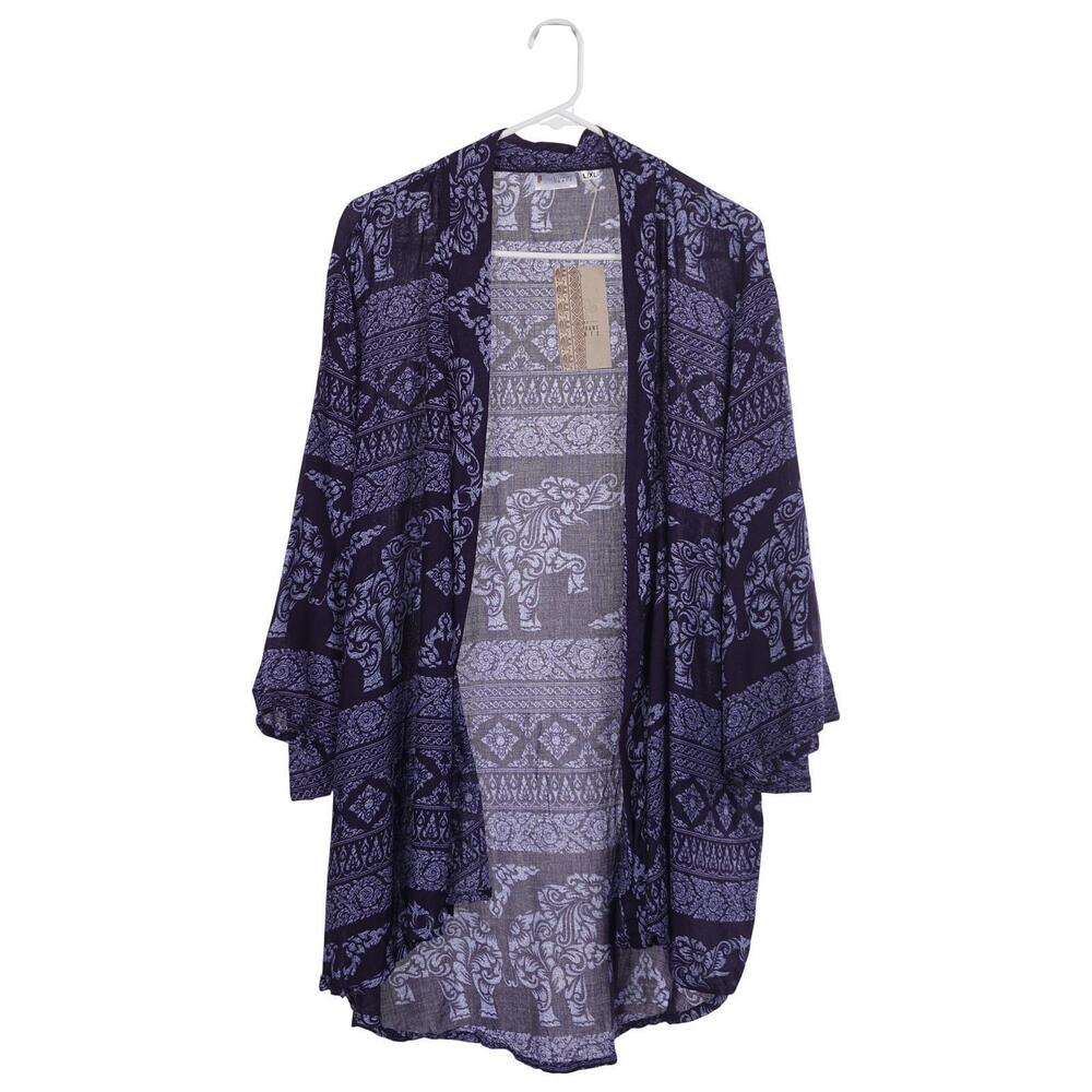 NWT The Elephant Pants Kimono Top L/XL Blue Elephant Print Open Front Boho